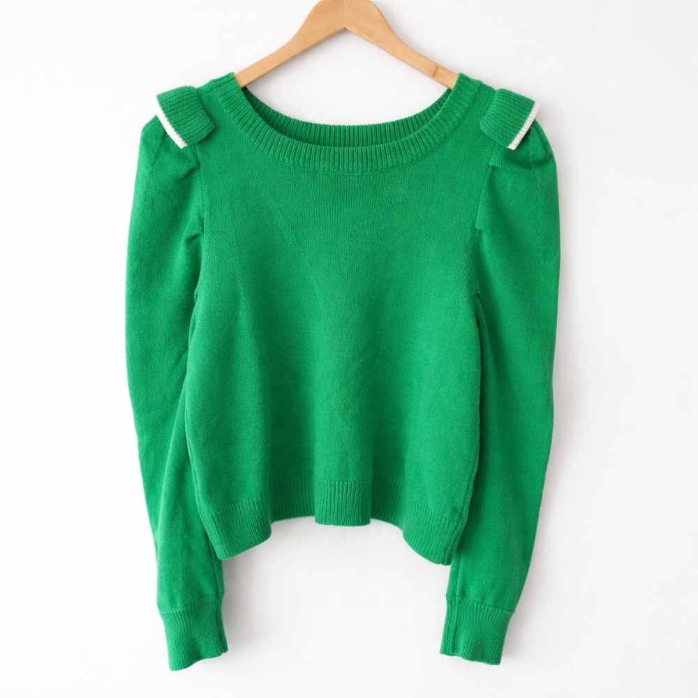 Emerald Green Ruffle Shoulder Sweater Cropped Knit Top Preppy Romantic Medium - Picture 3 of 7